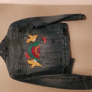 Stylish Blue Denim Jacket Bird Rainbow Embroidery